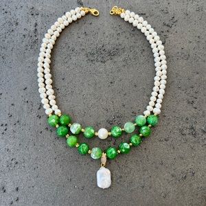 Beaded Green Agate and Pearl Necklace, Handmade & Brand New in Box